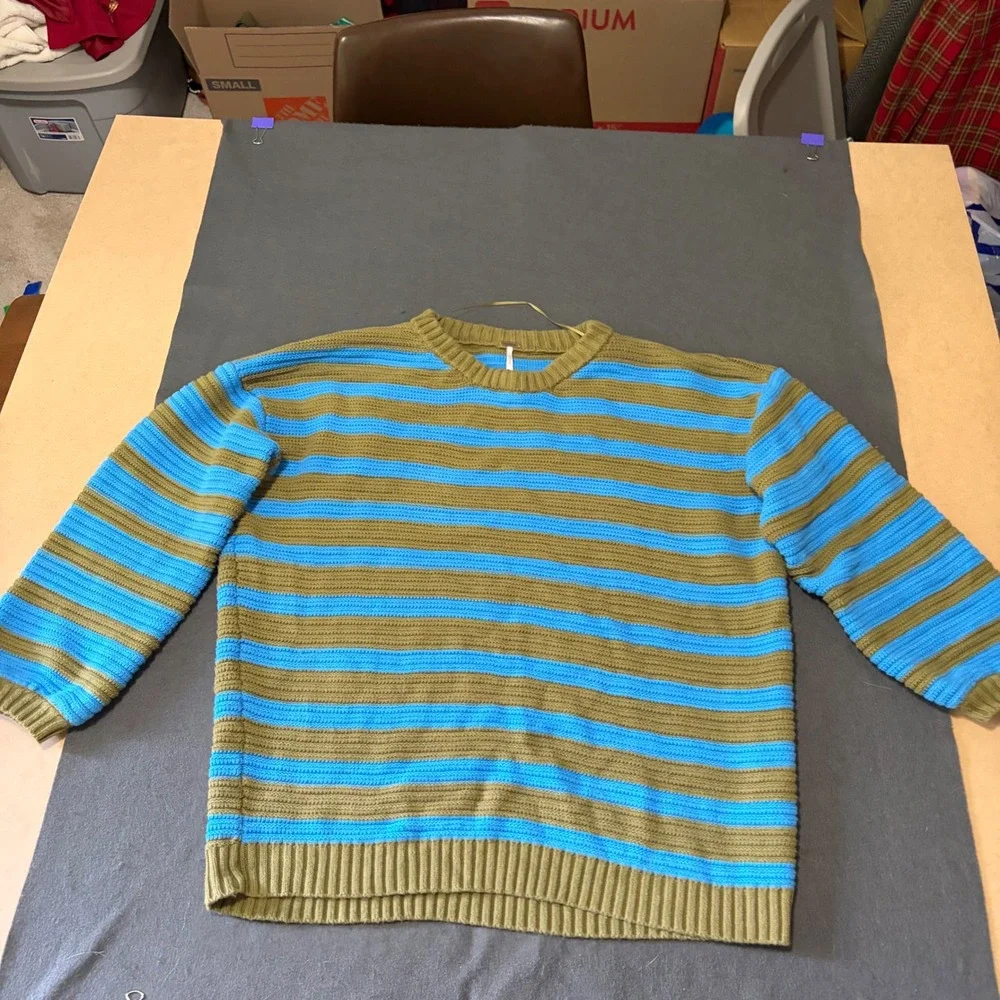 Free People Striped Knit Sweater Womens Size Medium Blue Olive Green
